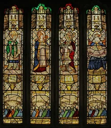 Fenster n4, das drei Bischofsheilige und den Schoß Abrahams darstellt (Buntglas)